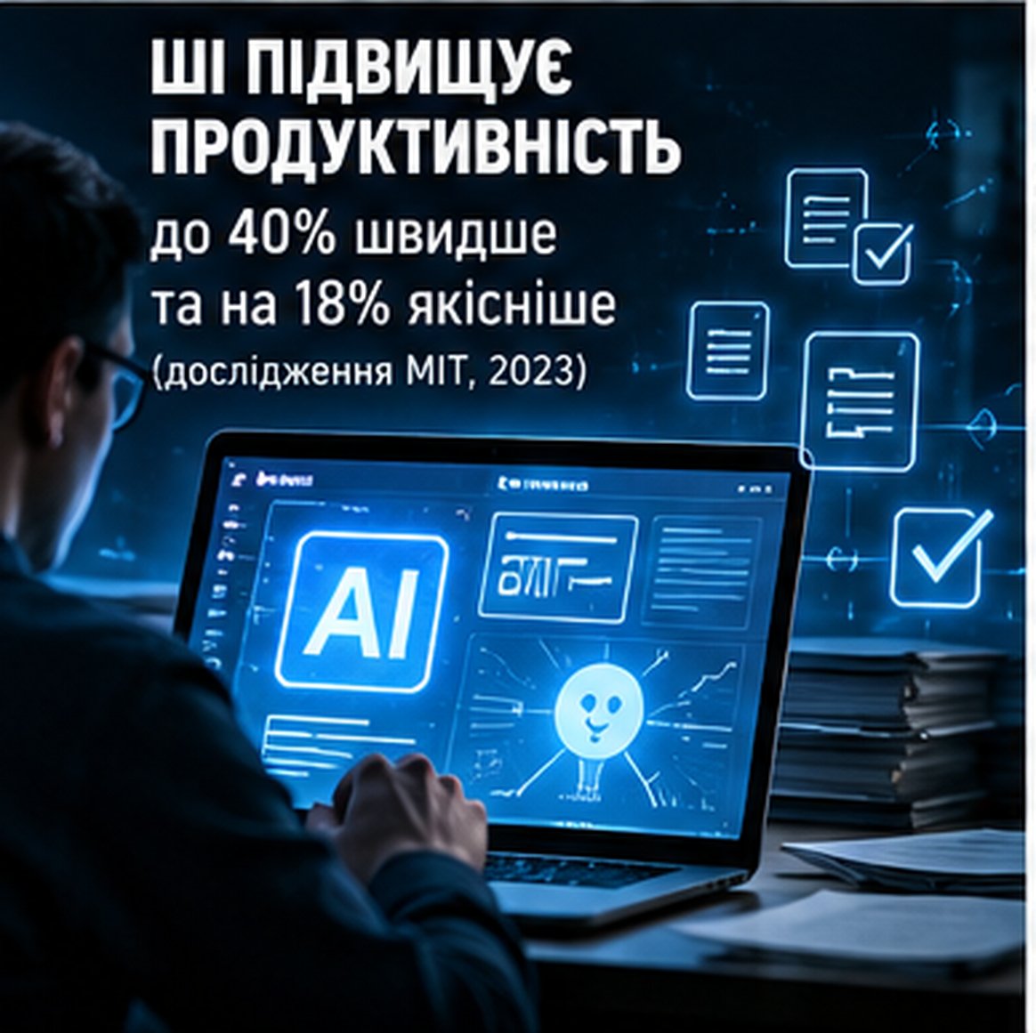 ШІ підвищує продуктивність: до 40% швидше та на 18% якісніше (дослідження MIT, 2023)