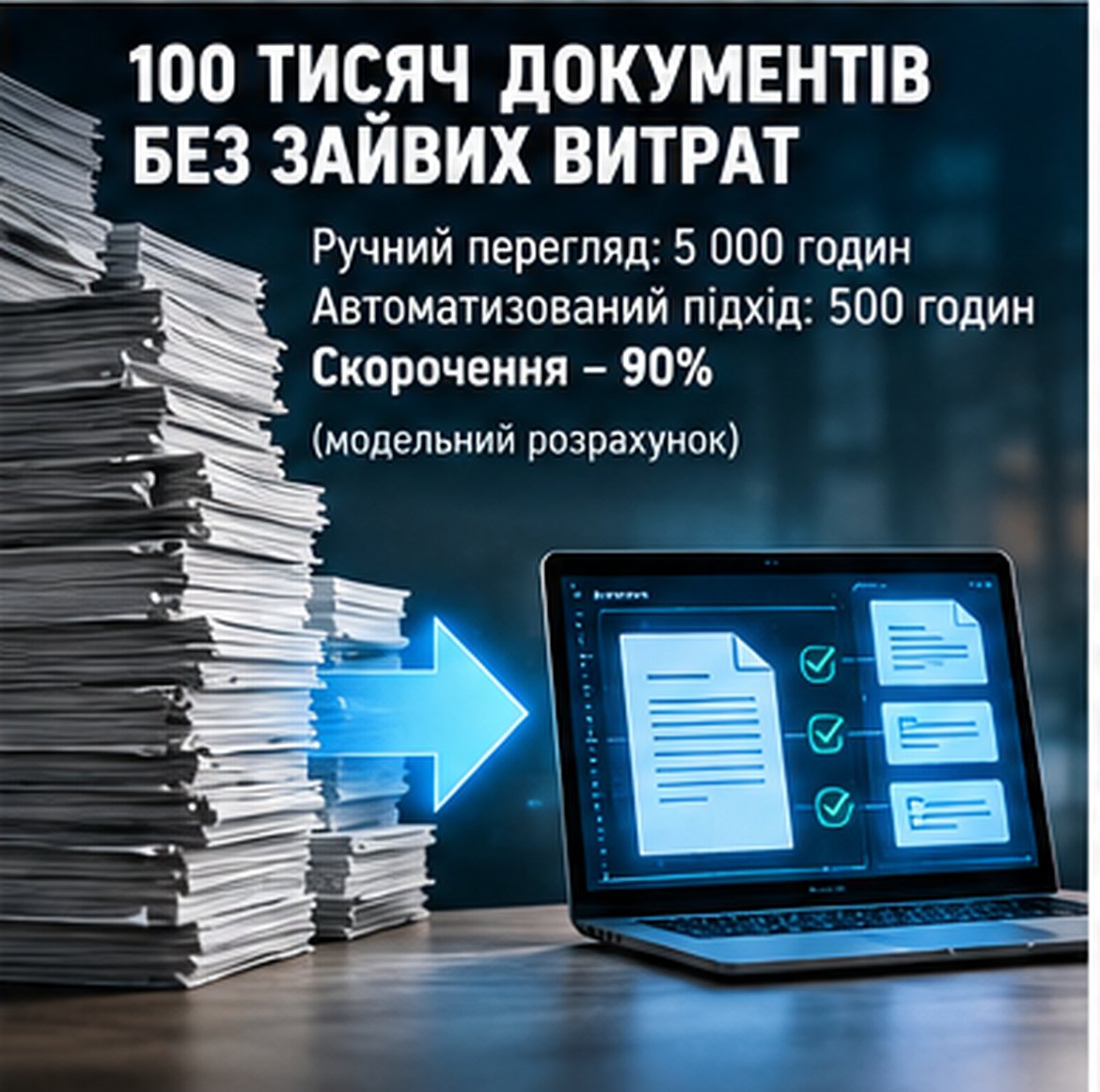 100 тисяч документів без зайвих витрат: ручний перегляд 5 000 годин, автоматизований підхід 500 годин (модельний розрахунок)